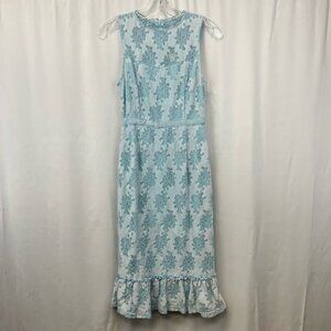 Miami Womens Dress Turquoise Floral Lined Midi Jewel Neck Sleeveless Lace XS